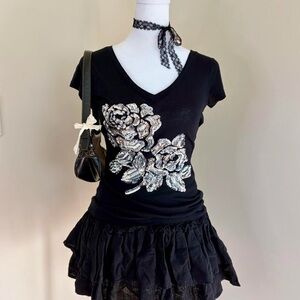 Gothic lolita silver sequin rose floral black top mcbling glam beaded girly XS